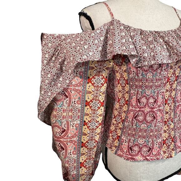 INC Large Cropped Top Geometric Smocked Off-Shoulder Ruffled Balloon Sleeves - Picture 2 of 9